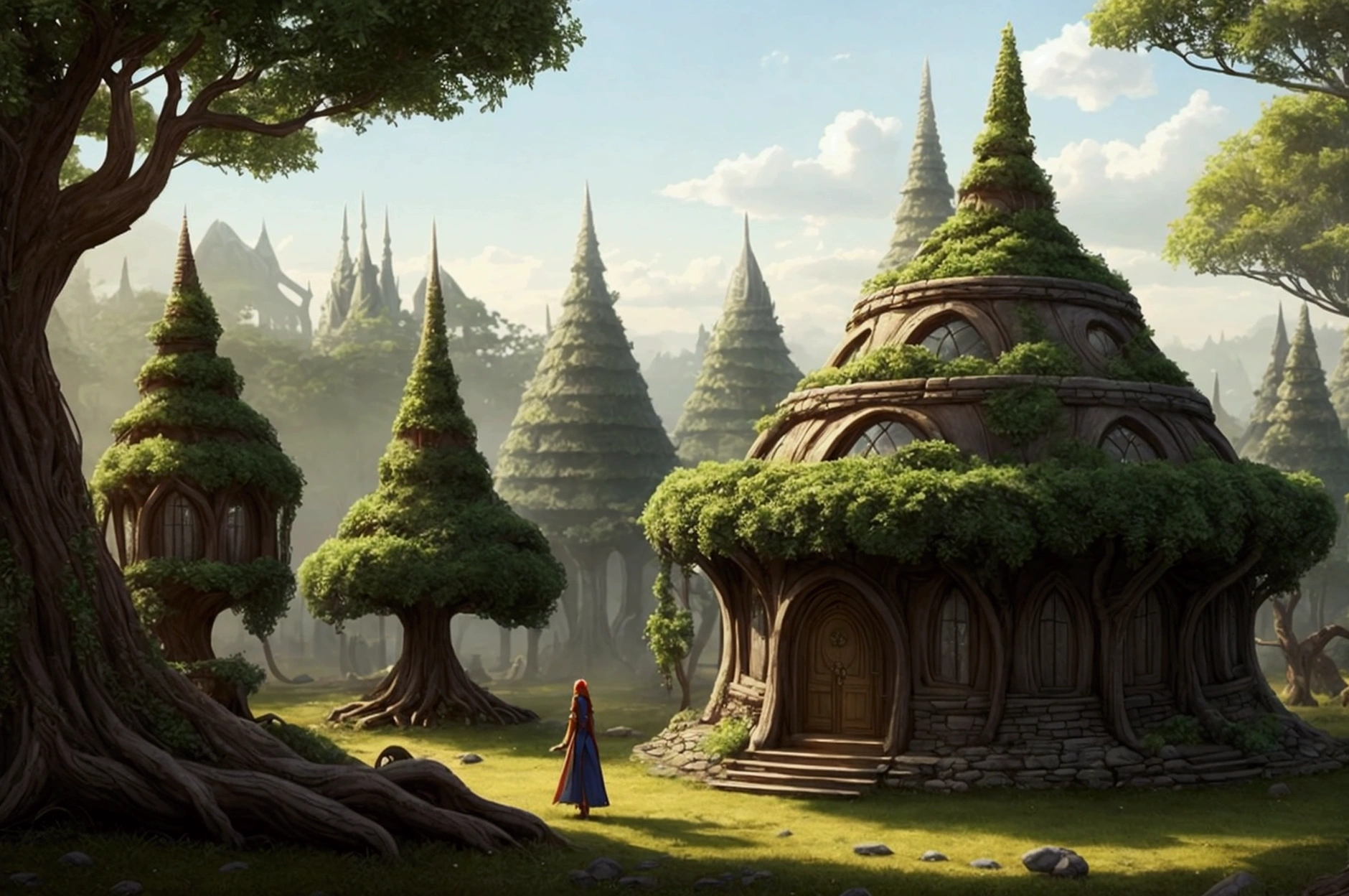 Create a distant view of an elven city in the middle of the forest