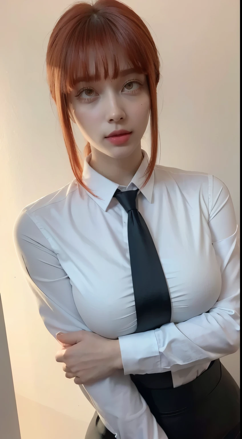 (best quality, master part, fullcolor, Dynamic angle, highest detailed) upper body photo, glad, (Makima, chainsawman), handsome fashion photography (red  long hair) Kizi (Stunning mature woman), ((Massive medium breasts)), High Dress Up Detailed Office Makima Suit, white shirt black tie(high resolution textures), in doggy pose, bokeh, (details Intricate, hyperdetailed:1.15), circunstanciado, sunlight passing through hair, office background, (offcial art, extremely detaild, highest detailed),