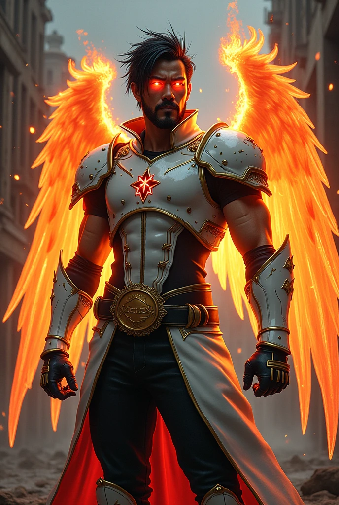 Male age 35, latin, elegant beard, short black visual kei hair, yellow hair part, glowing fire eyes, angel fire wings, flying, fire aureola, white plate armor, armor breastplate with a pair four-pointed red stars, a gold belt buckle with fire crystal, black leotard, plate belt, plate wristband, armor boots with red flames, cyberpunk japanese style, athletic strong, magic powers, action, black cat nails, crazy pose, dark ruins backgroud, full body