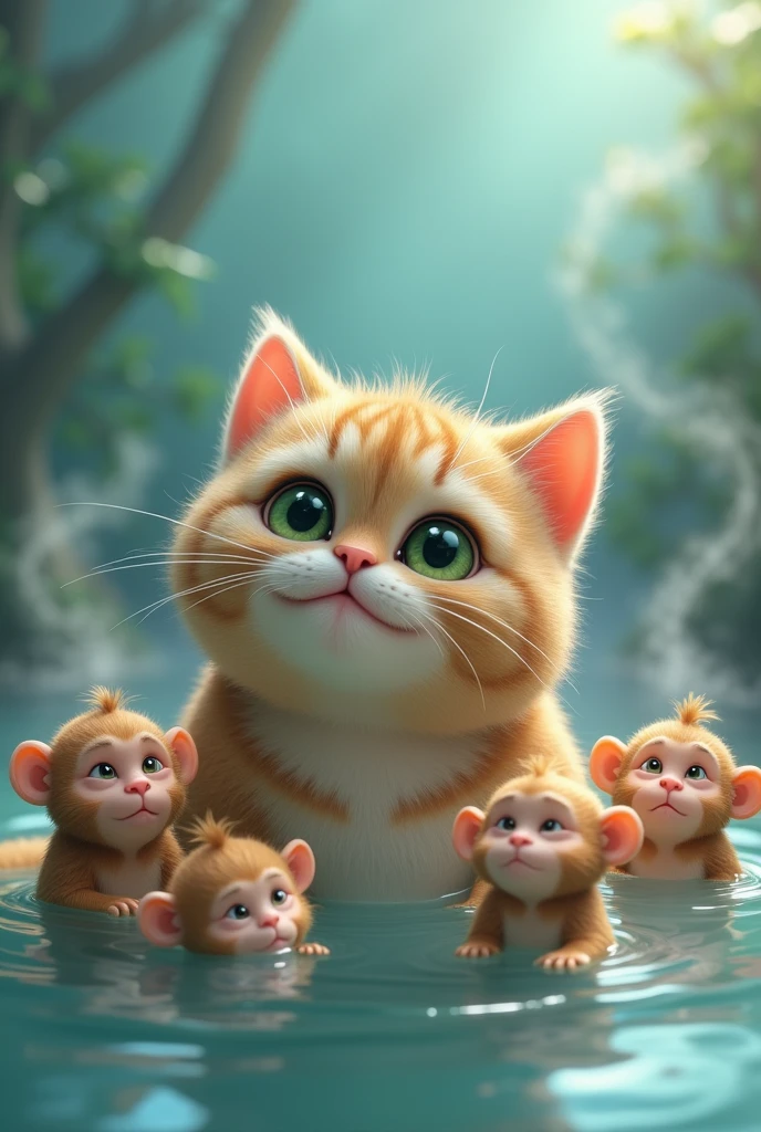 Render a whimsical scene featuring a chubby tabby cat sitting comfortably in a hot spring, surrounded by a group of playful monkeys bathing in the warm water. The cat's piercing green eyes are large and expressive, capturing attention instantly. Its soft, fluffy fur is intricately detailed, with each strand adding to the realistic texture of its coat. The monkeys are small and endearing, lounging and splashing playfully amidst the steam rising gently from the hot spring water. The blue background provides a tranquil and serene environment, contrasting with the lively atmosphere created by the cats' and monkeys' actions. Focus on the textures, expressions, and poses to create a lifelike and inviting visual experience.