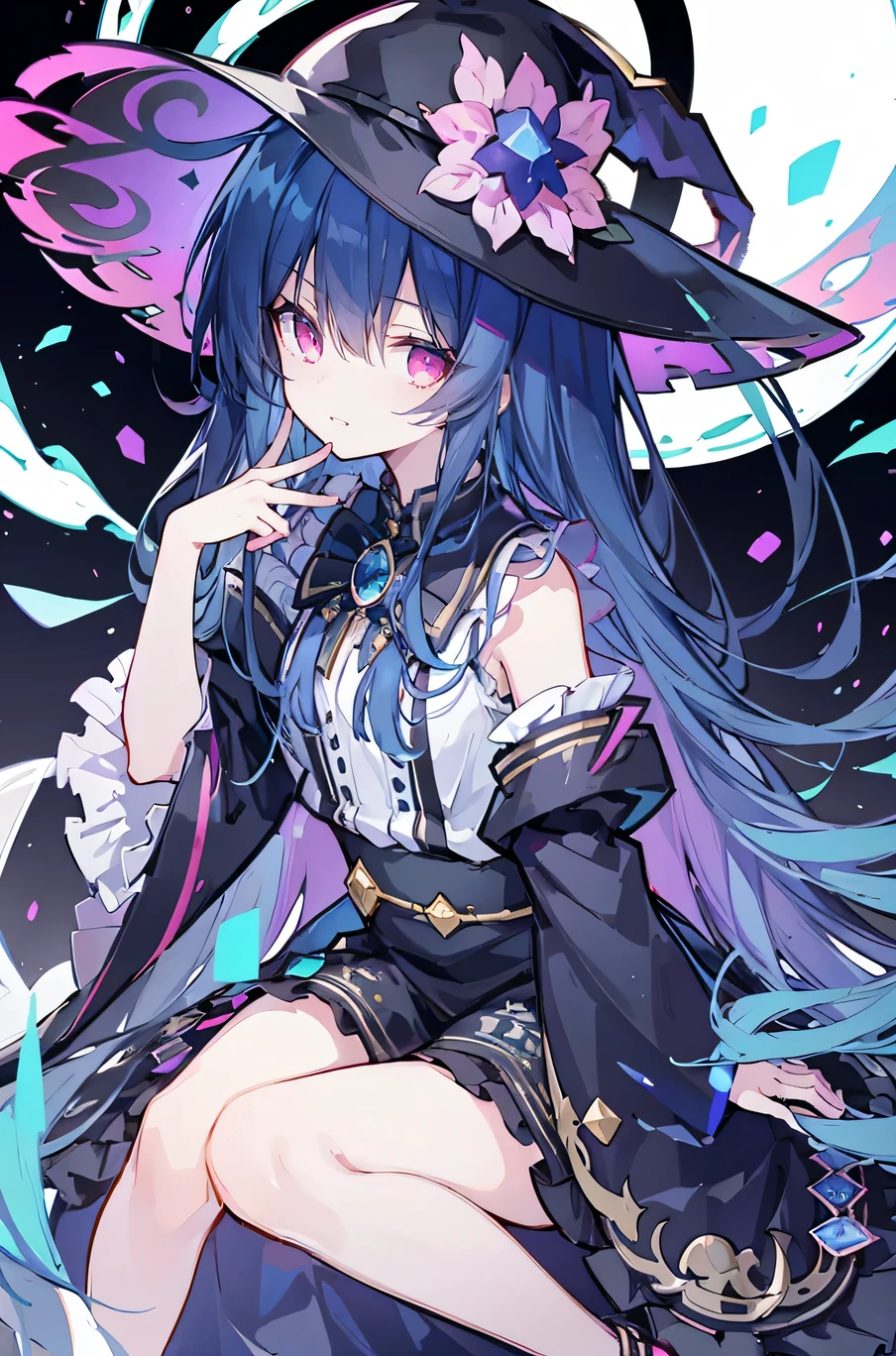oung Girls,Humanity,A magician always smiles,big witch hat,cute,dark blue long hair,The eyes are dull,The bangs are heavy,Thin eyebrows,fantasy,intake,Double teeth,Star Theme,Constellation pattern,Solid color clothetal decoration,cloak,A bit of a dark atmosphere,A little crazy smile,When the big moon shines outside at night,blood,Hair black star embellishment,Short tie,No nails,High waist skirt,Bell sleeves,Long-sleeved shirt,Black tie,low risk,gentlemen。Mist、Yellow and white effect,Shocking pink as an accent color,(Masterpiece:1.2),Ultra-detailed,lifelike,The eyes are expressive,Fair skin,Perfect face shape,1 girl,Japanese Manga,Gorgeous blue hair,Flowing blue hair,Flowing clothes,Cat ears,Petals falling,Shy face,sitting on window,Place your hand on your lips,masterpiece, absurdres, novel cover, cover illustration, 1girl, solo, dark blue-haired ponytail, mage robes, flower background, clock background, monochrome, line drawing