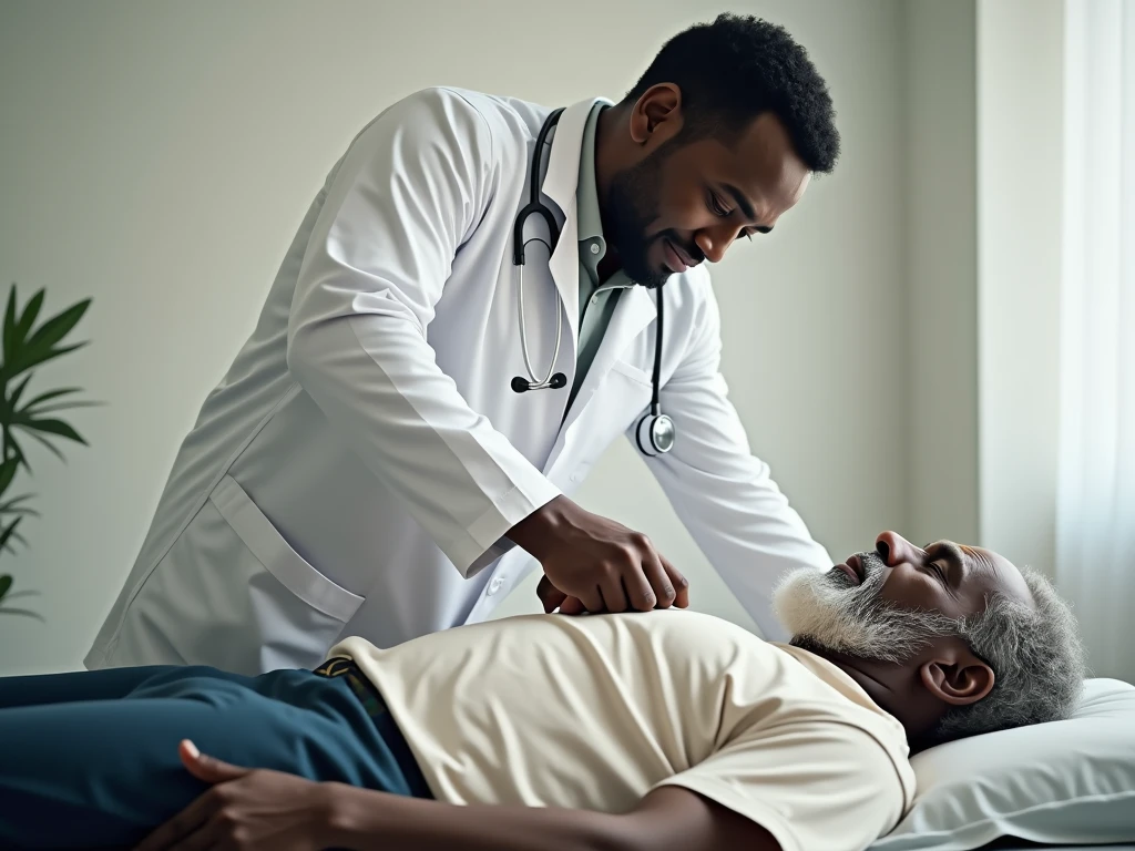 NSFW, Photo brute 8k, Meilleure qualité, chef-d'œuvre, ultra haute résolution, grain de film, film, 1 médecin africain effectuant un massage de l'arthrose du dos , 1 homme âgé africain , le medinc fait un massa au dos à l'homme âgée qui est allongé sur une table de massage dans une pièce d'hospitalisation, le médecin a un stéthoscope au cou, habillé en blouse de docteur, l'homme âgée habillé normalement