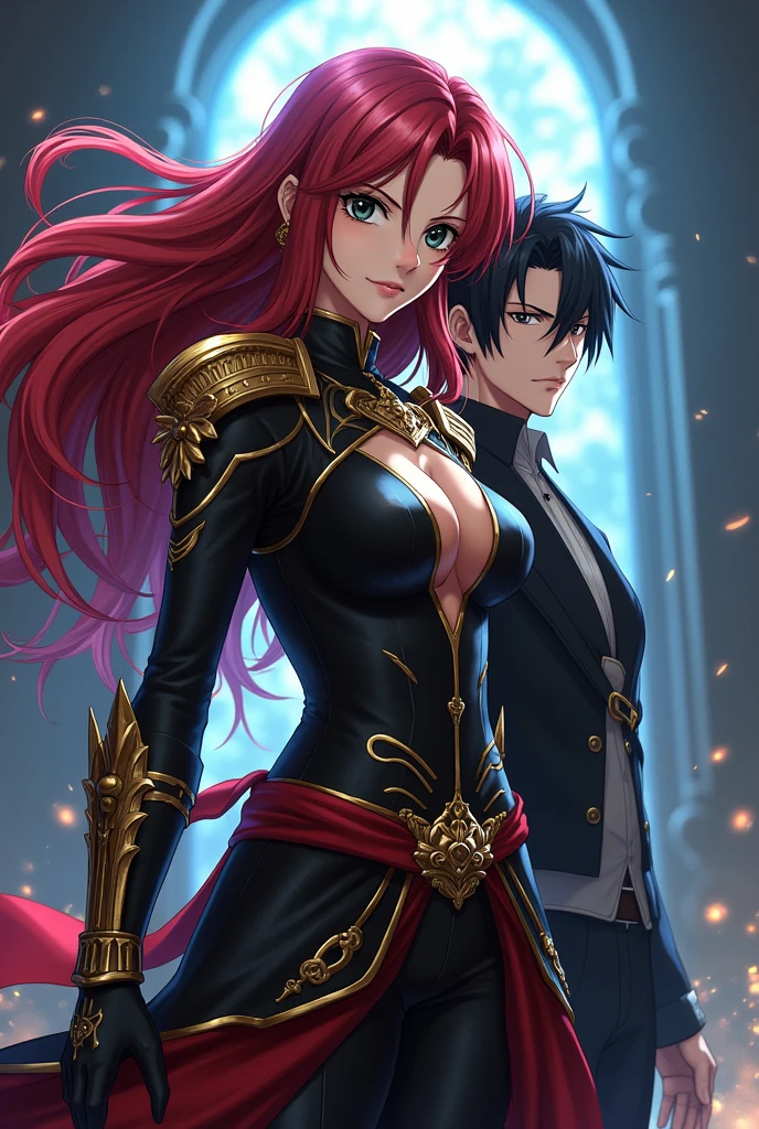 A wallpaper of Erza Scarlet with me as her husband. I'm black haired, black eyes, have an introvert personality. He is wearing a blackgold assassin uniform.