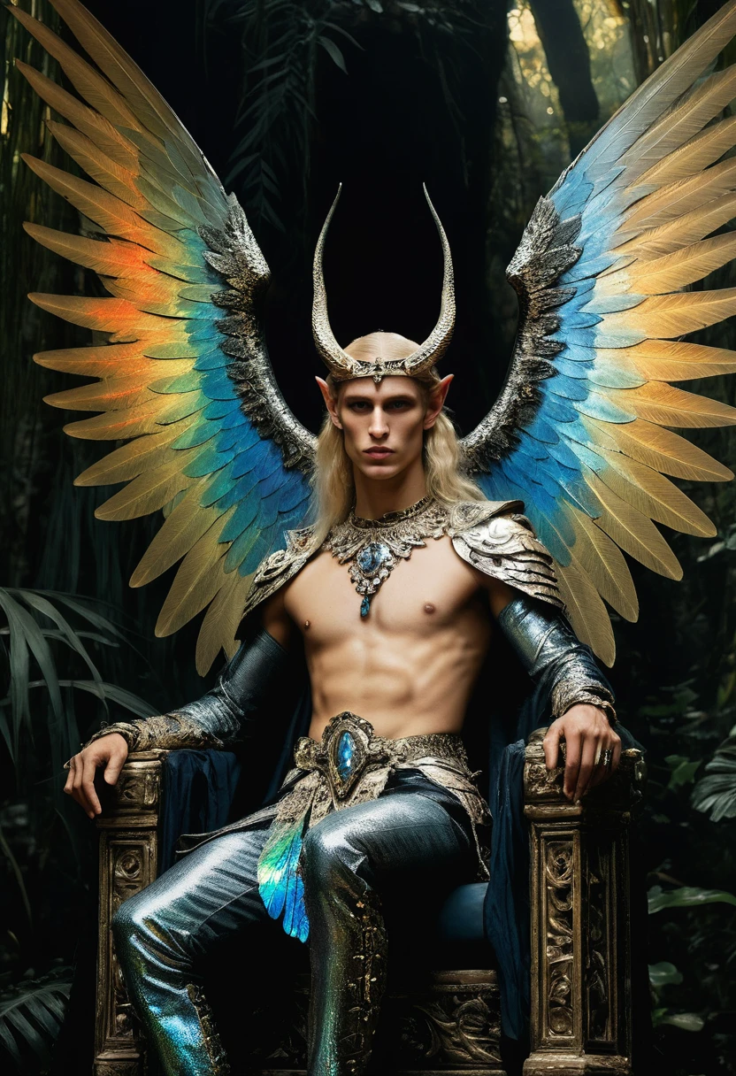 Design me a {Colossal Masterpiece, realistic oil painting, best quality, by Gustave Moreau, chiaroscuro, iridescent, holographic, lysergic}, terror dramatic portrait of a male high elf Garuda, blonde, elf ears, sharp face, angular face, high cheekbones, ((his skin is jaundiced)), magnificent, arrogant, sullen. ((((displaying iridescent colored wings, reclined, sat on a throne in a jungle temple)))).
