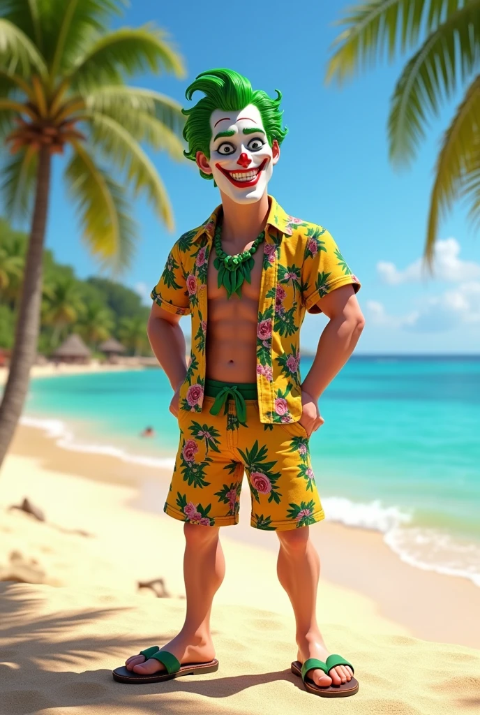 Joker in joker beaches costume, at a beach resort. disney pixar 3d