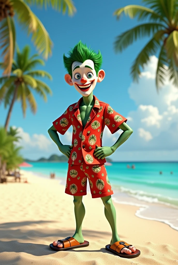 Joker in joker beaches costume, at a beach resort. disney pixar 3d