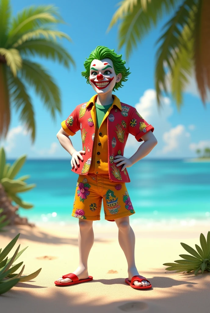 Joker in joker beaches costume, at a beach resort. disney pixar 3d