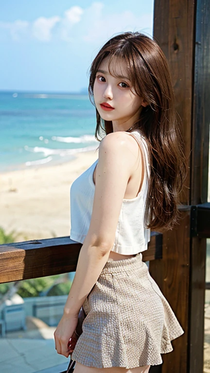 Top quality, 1 beautiful woman, wearing summer fashion, mini skirt 35mm lens, f/1, at beach house, long hair, brown hair, from side