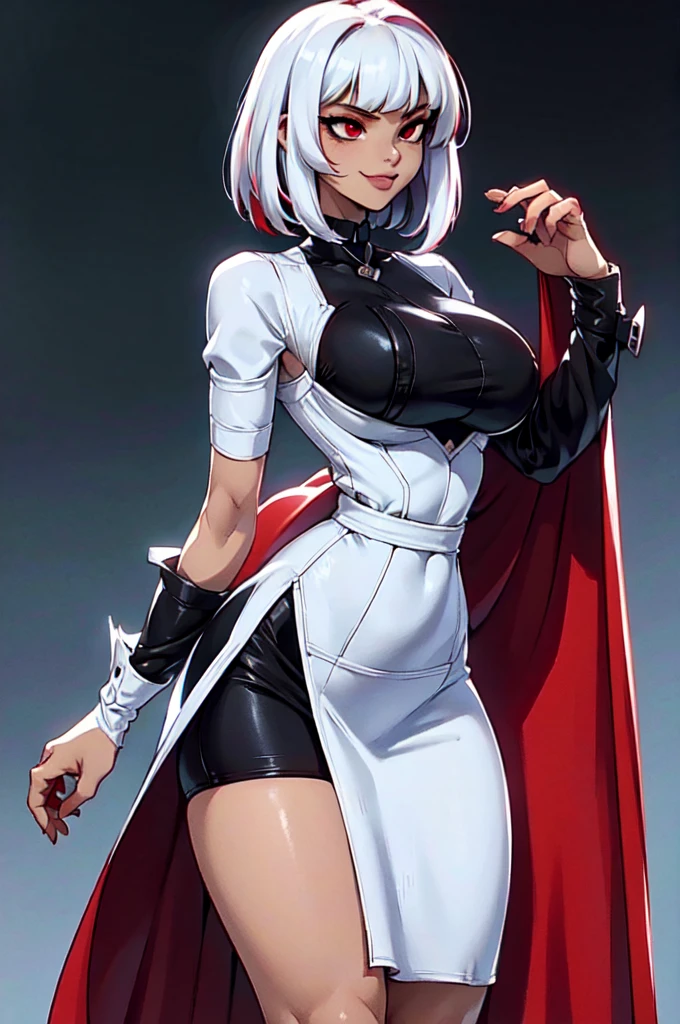an angel with dark skin, white wings, black dress with a small neckline, red eyes, black cape, long straight white hair, baby bangs. Sexy pose, moody color palette, volumetric light effects