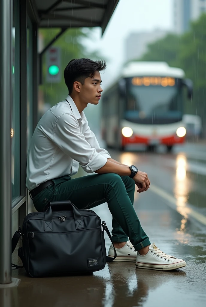 Malaysia man average 1. Teenage man , wear white collar clothes. Black belt. Dark green long pants. Holding body glove bag ,dirty white converse shoes. Sitting on the bus stops. Figure four lock. Wear g shocked watch. Raining day. Wet road. Background bus coming.