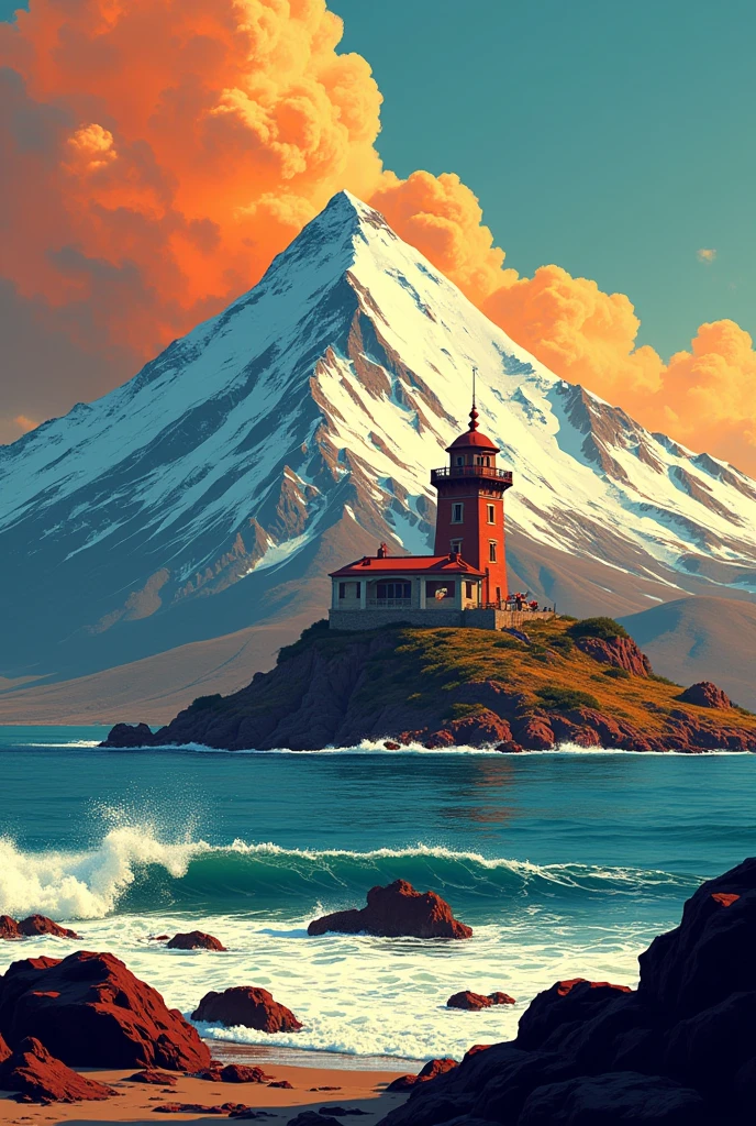 As a comic book cover, this is the Sajama hill of Bolivia and the Conchupata lighthouse of the city of Oruro with the background of the image of the work The True Bather