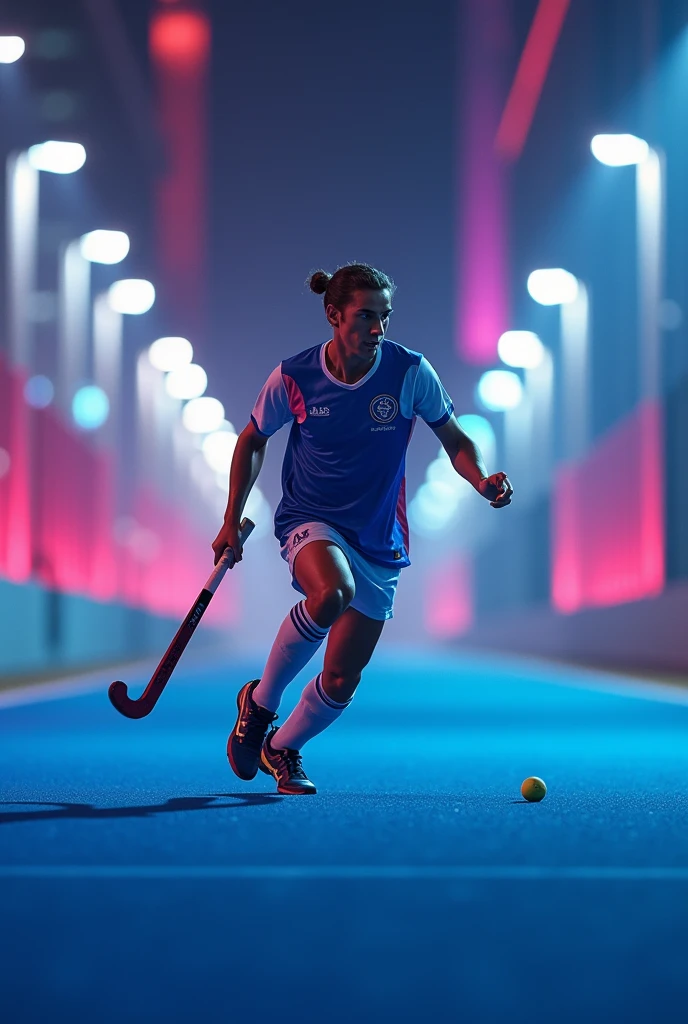 Men field hockey player playing in roads background blue and pink lights
Hockey stick on his hands