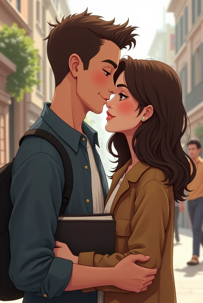 Make a simple good man he should be a programmer and he must look between 2 with brown eyes short hair and his girlfriend should with and it must be look like a romantic relationship but don't make too much and don't forget he a programmer and programmer are simple and his girlfriend also look so prety replace his girl with Alyssa Carson change background with some cool background but remember simple Make it more realistic person and more realistic background