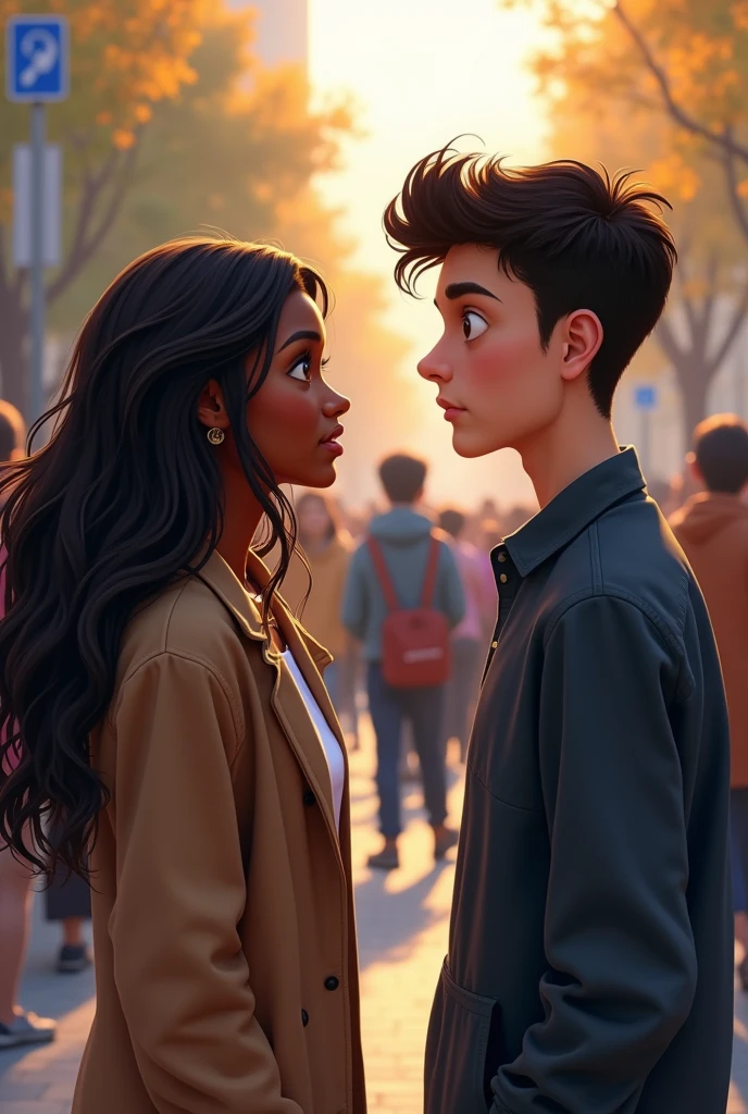 A long-haired black woman and a taller college boy bumped shoulders with each other. They looked at each other and looked puzzled.