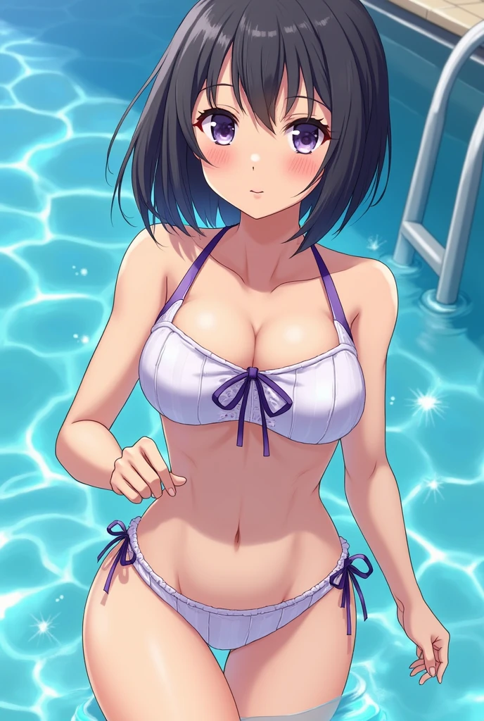 A cute girl wearing an  swimsuit (sukimizu), with a slightly condescending expression. She has a sexy body shape, drawn in Japanese moe style. The school swimsuit attached with a nameplate, which is the the word 'chiechan'. Ensure all limbs are correctly depicted. Detailed, vibrant, and colorful anime style.