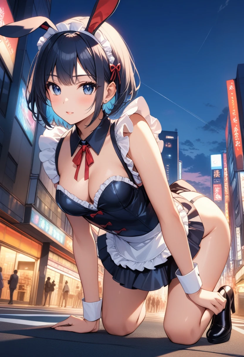 (Beautiful sunset just before the sun sets at the shinjuku) ((girl)) , (keeps her head low, crawls on all fours and sticks out her butt) Emphasizing her tail, open and sexy A sexy expression, emphasizing the cleavage, (wearing a shiny maid costume and bunny hairband), many sexy poses, (the background is Shinjuku at night), BREAK (girl,,detailed face,(darkblue wavy-short hair),eyebrows,middle small breasts),