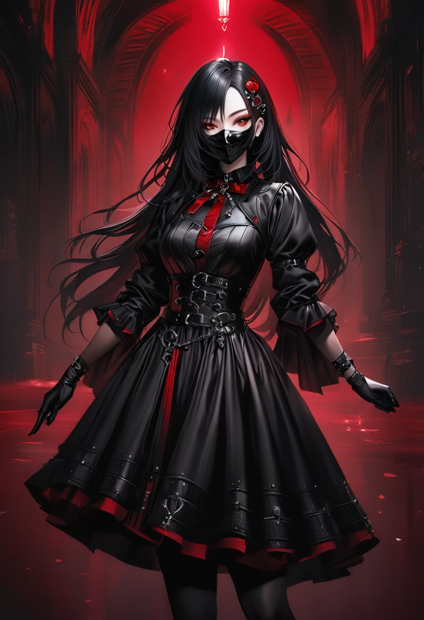 Gothic Punk、The inside color is red、Black-haired、hair ornaments、Beautiful girl、creative、Dark Fantasy Style、、Goth Fashion、Fine skin、Realistic textured hair、((Black Mask)),Whole Body Ezbian、