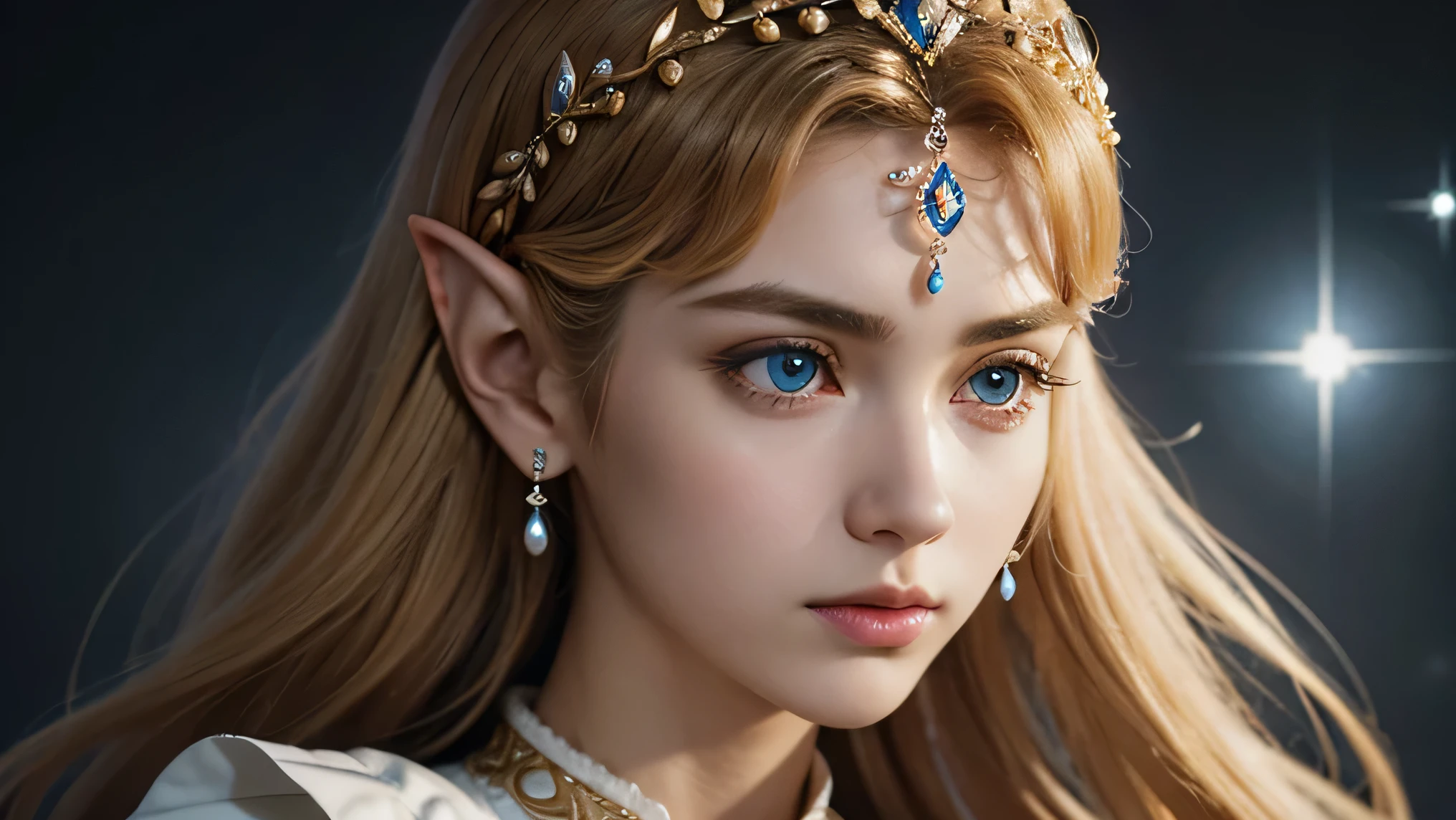 A delicate and detailed portrait of Princess Zelda from The Legend of Zelda. Focus on the upper body and face. The dress is predominantly white, with intricate golden embroidery forming the Triforce symbol and other ancient patterns on the collar and bodice. Her long golden hair cascades down her shoulders, framing her face perfectly. A delicate tiara rests gently on her forehead, studded with tiny sparkling gems that catch the light. Deep blue eyes. A sad expression, slightly biting her lip. Dark room, the background is barely visible with a strong blur.