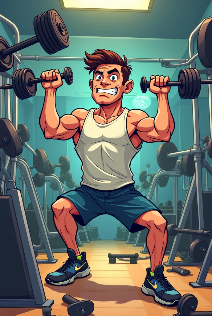 I want the image in a cartoon style, of a man in the gym full of equipment, Cordas, straps and stuff like that, implying that he is trying too hard to do everything at once 