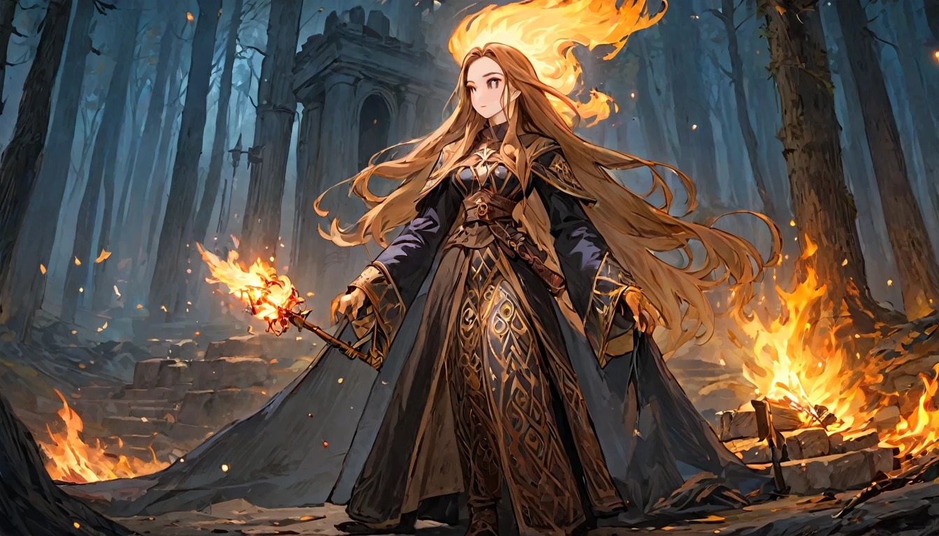 An beautiful wizard woman,full body, Game Art Style, (masterpiece), highest quality, High resolution, 4k, 8K, Detail view, intricate details, cinematic lighting, amazing quality, wizard,golden brown long hair, great shading, soft lighting, Face-to-face camera, perfect eyes,ancient ruins,Bonfire,night forest, Preparing