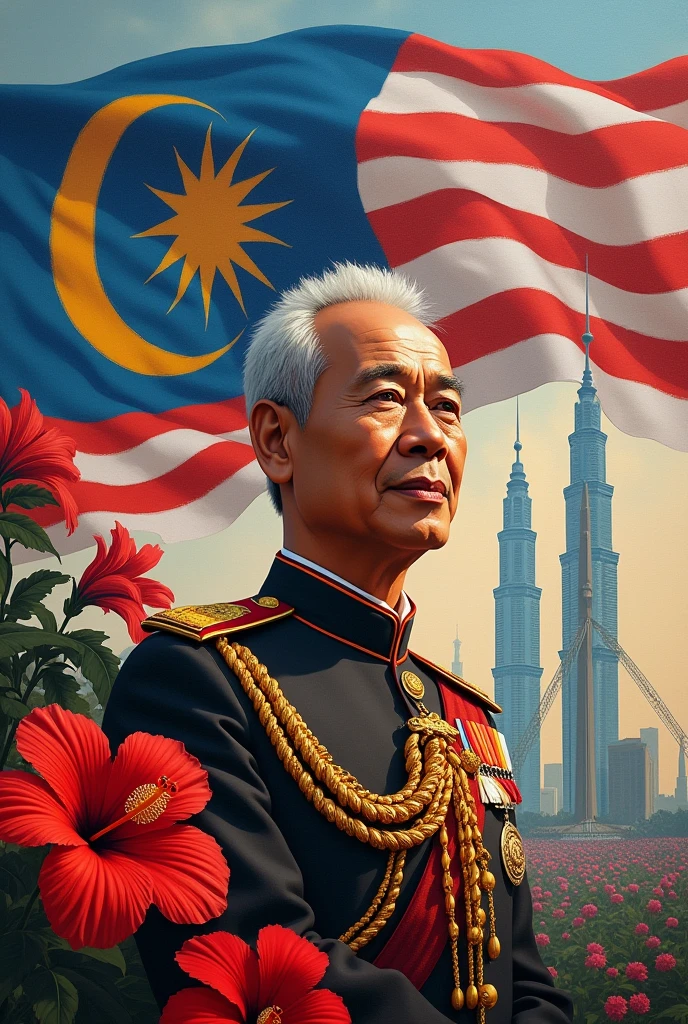 produce a picture of a painting on the theme of Malaysian independence day. Must include Malaysia's flag, Tunku Abdul Rahman, hibiscus flower, Petronas twin tower and homeland fighters monument.