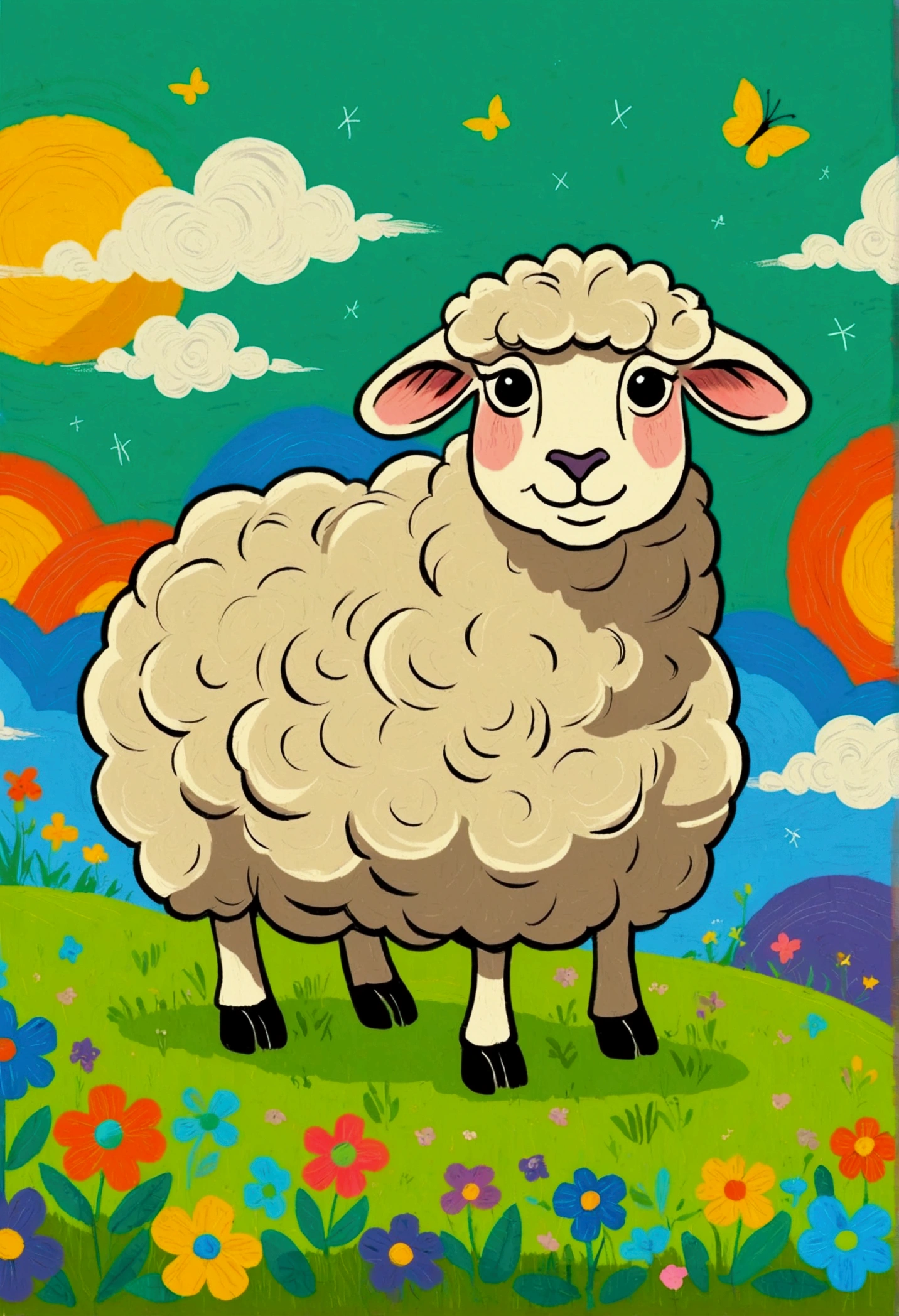 Flat Wind,Vector,Childish art cartoon,Oil pastel graffiti,A sheep on the grass,Minimalism,Lovely art style, rich and colorful! Digital illustration style, The art of math. rich and colorful comic, Hand drawn cartoon art style,Solid color background,Black Lines