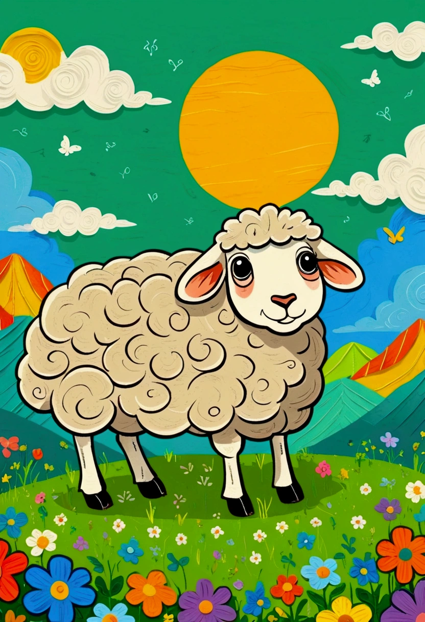 Flat Wind，Vector，Childish art cartoon，Oil pastel graffiti，A sheep on the grass，Minimalism，Lovely art style, rich and colorful! Digital illustration style, The art of math. rich and colorful comic, Hand drawn cartoon art style，Solid color background，Black Lines