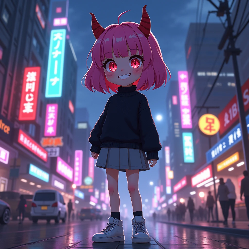 masterpiece, best quality, 1girl,petite,small breasts,loli,short hair,white hair,sharp teeth,fangs,choker,blue eyes,heart shaped pupils,demon horns,blush,(outdoor,pavement,traffic light,road sign),looking at viewer,solo,black dress,cyberpunk city,neon lights,cinematic lighting,rain,wet street