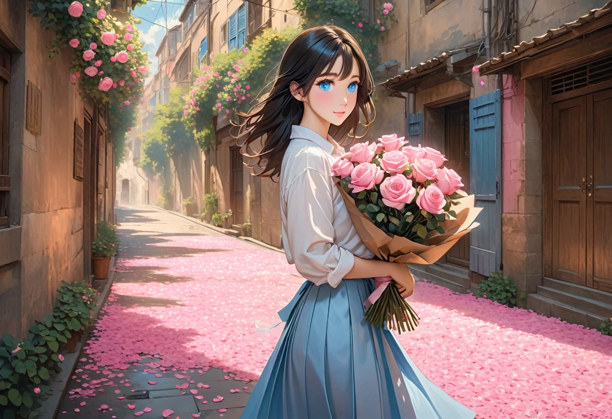 The image depicts a character with shoulder-length, light black hair, blue eyes,holding a bouquet of pink roses wrapped in brown paper. The setting appears to be a narrow alleyway or street, with soft light casting warm tones. Pink flower petals are scattered on the ground and gently floating in the air, enhancing the romantic and serene atmosphere. The character is dressed in a white shirt and a pleated skirt, with their arms cradling the bouquet gently.
