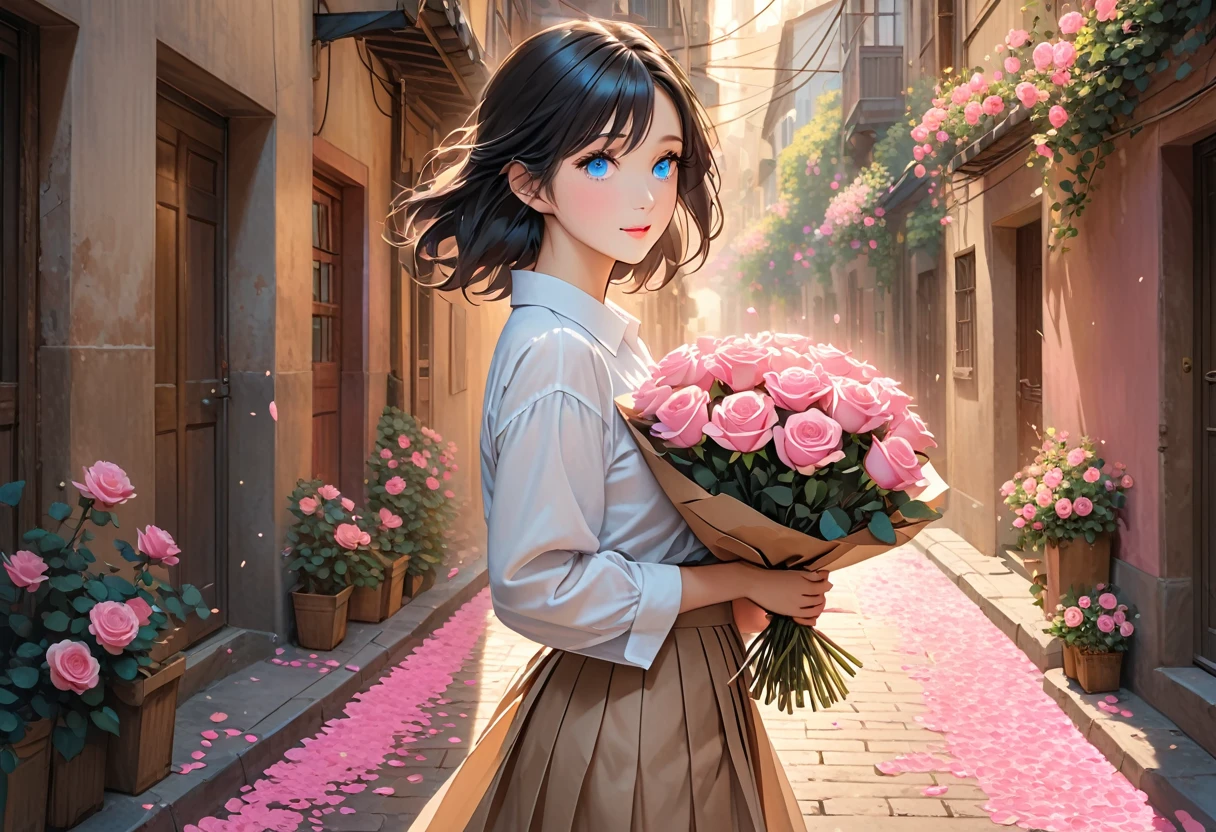The image depicts a character with shoulder-length, light black hair, blue eyes,holding a bouquet of pink roses wrapped in brown paper. The setting appears to be a narrow alleyway or street, with soft light casting warm tones. Pink flower petals are scattered on the ground and gently floating in the air, enhancing the romantic and serene atmosphere. The character is dressed in a white shirt and a pleated skirt, with their arms cradling the bouquet gently.