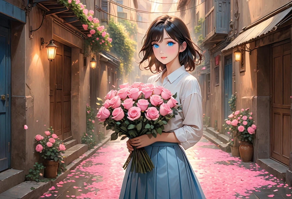 The image depicts a character with shoulder-length, light black hair, blue eyes,holding a bouquet of pink roses wrapped in brown paper. The setting appears to be a narrow alleyway or street, with soft light casting warm tones. Pink flower petals are scattered on the ground and gently floating in the air, enhancing the romantic and serene atmosphere. The character is dressed in a white shirt and a pleated skirt, with their arms cradling the bouquet gently.