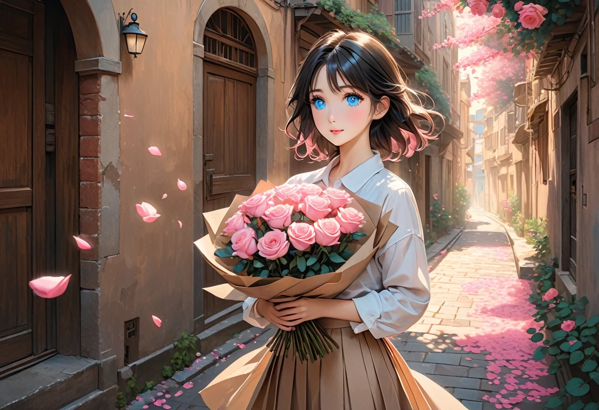 The image depicts a character with shoulder-length, light black hair, blue eyes,holding a bouquet of pink roses wrapped in brown paper. The setting appears to be a narrow alleyway or street, with soft light casting warm tones. Pink flower petals are scattered on the ground and gently floating in the air, enhancing the romantic and serene atmosphere. The character is dressed in a white shirt and a pleated skirt, with their arms cradling the bouquet gently.