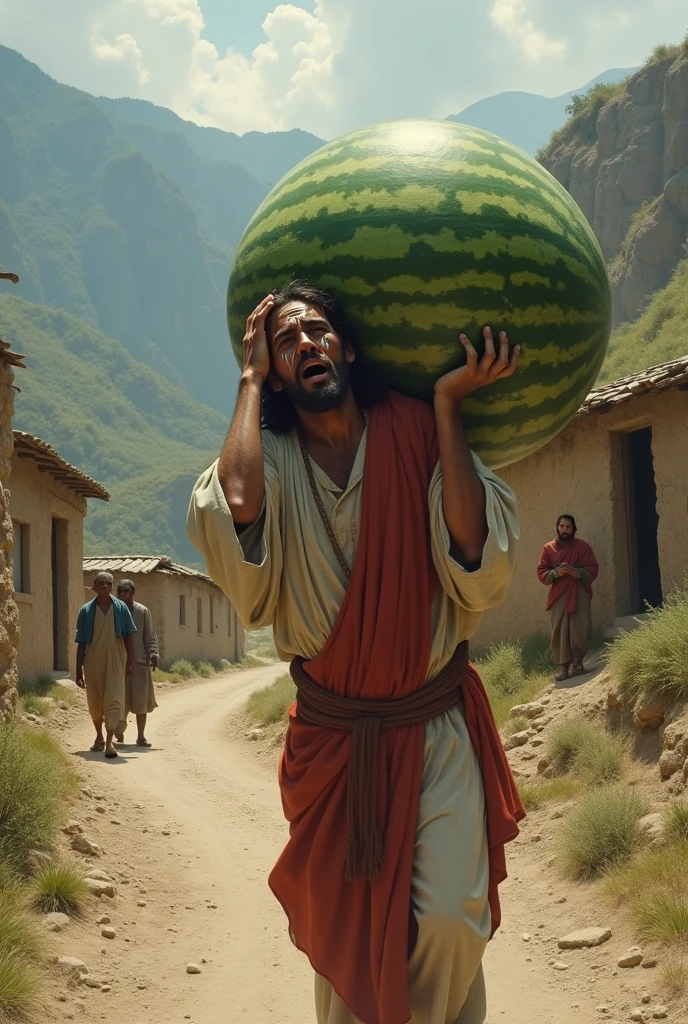 "Jesus Christ struggling to carry a large watermelon on his shoulder up in a town road, . The scene is set in a rustic, rural landscape with rugged terrain, emphasizing the effort and emotion involved in his task."and villagers are watching him other town and he is
crying folling water in his eays