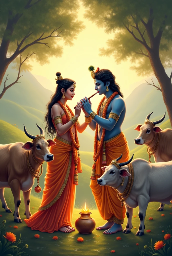 Create lord radhai and krishna with cows singing song eating ghee from mud pot