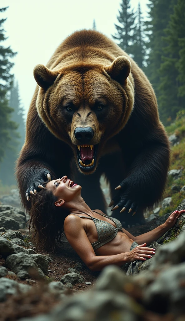 best quality, high quality, ultra quality, 8k, masterpiece, detailed, extremely detailed, insanely detailed, ultra detailed, ultra highres ,exquisite,lifelike Images,cinematic experience,UHD picture,Realistic,photorealistic,hyperrealistic,vivid,RAW photo,shot by DSLR,(Woman being eaten by a brown bear:1.2)