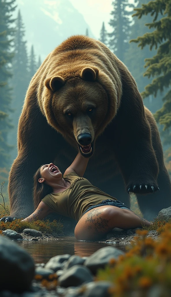 best quality, high quality, ultra quality, 8k, masterpiece, detailed, extremely detailed, insanely detailed, ultra detailed, ultra highres ,exquisite,lifelike Images,cinematic experience,UHD picture,Realistic,photorealistic,hyperrealistic,vivid,RAW photo,shot by DSLR,(Woman being eaten by a brown bear:1.2)