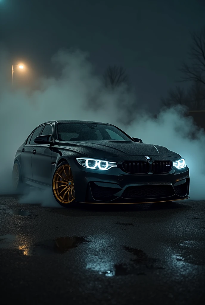 Bmw 320d pure black with gold alloy wheels 
Night time with mist and gold head ring light devil look in side look 
