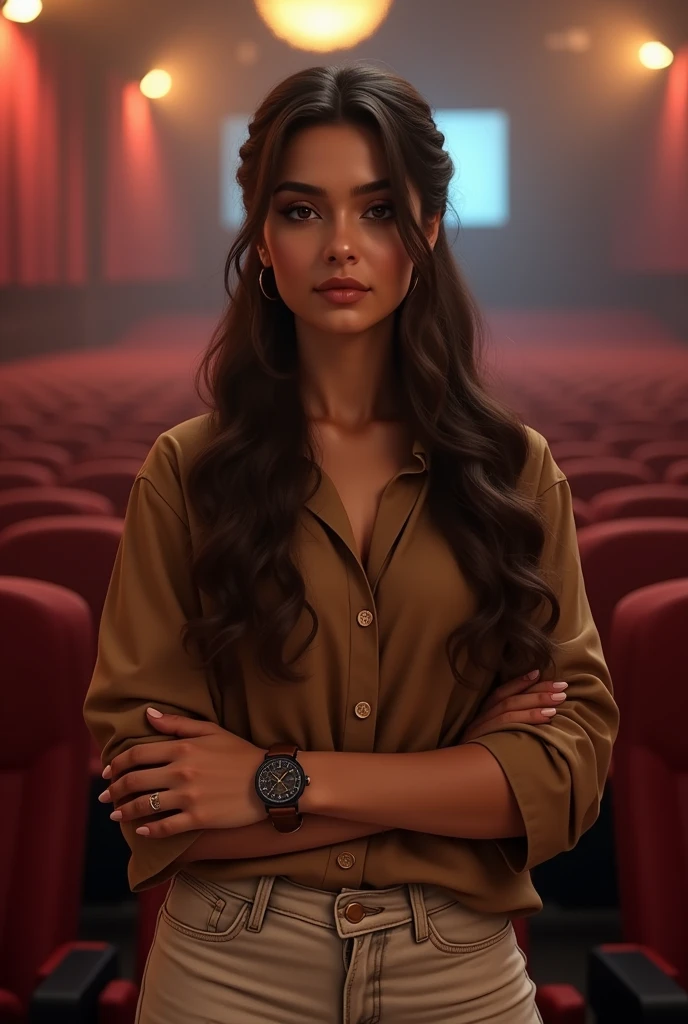 (photorealism:1.2), beautiful pakistani women wear brown shirt off white jeans pent wear watch in write hand brown ring massy hair bun stand in cinema  