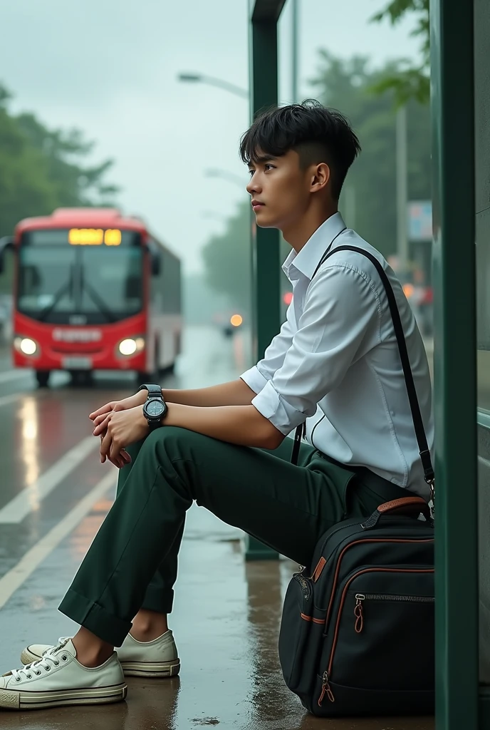 Malaysia man average 1. age man , wear white collar clothes. Black belt. Dark green long pants. Holding body glove bag ,dirty white converse shoes. Sitting on the bus stops. Figure four lock. Wear g shocked watch. Raining day. Wet road. Background bus coming.