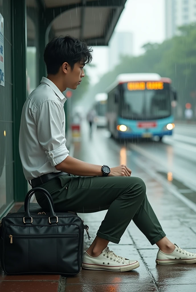 Malaysia man average 1. Teenage man , wear white collar clothes. Black belt. Dark green long pants. Holding body glove bag ,dirty white converse shoes. Sitting on the bus stops. Figure four lock. Wear g shocked watch. Raining day. Wet road. Background bus coming.