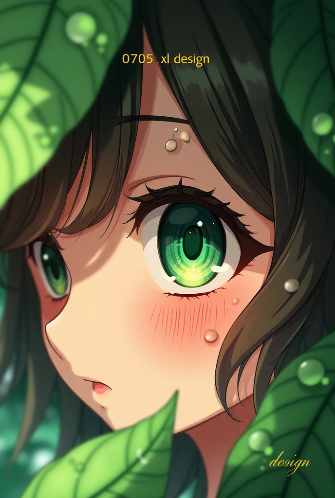 A close-up digital illustration of an anime-style character's face, focusing on their left eye, framed by lush green leaves with visible veins. The eye is vivid emerald green with intricate details, including reflections, iris patterns, and a small black pupil. Long, dark eyelashes and a slightly parted lip are visible, adding to the realistic texture. The character's skin has a warm peach tone with a soft, natural texture, slightly flushed from the water droplets. Water droplets of varying sizes adorn the face, leaves, and hair, creating a serene and natural atmosphere. The character's dark brown, wavy hair is partially obscured by the leaves, adding depth to the composition. Soft, natural lighting enhances the reflective quality of the droplets, creating an interplay of light and shadow that emphasizes the delicate textures. The text '0705L XL DESIGN' appears at the top center in a simple, golden yellow sans-serif font, while at the bottom center, there's cursive yellow text that reads '0705L XL' with 'DESIGN' below it. The background is blurred, featuring more leaves with water droplets, enhancing the depth and dreamy quality of the image. The overall mood is calm and introspective, with high contrast and vivid colors emphasizing the intricate details and serene atmosphere.