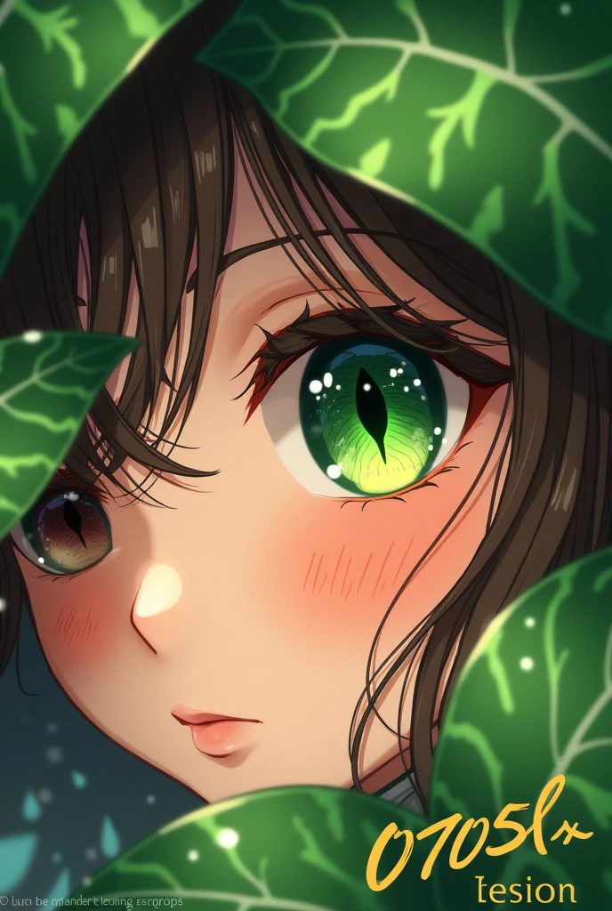 A close-up digital illustration of an anime-style character's face, focusing on their left eye, framed by lush green leaves with visible veins. The eye is vivid emerald green with intricate details, including reflections, iris patterns, and a small black pupil. Long, dark eyelashes and a slightly parted lip are visible, adding to the realistic texture. The character's skin has a warm peach tone with a soft, natural texture, slightly flushed from the water droplets. Water droplets of varying sizes adorn the face, leaves, and hair, creating a serene and natural atmosphere. The character's dark brown, wavy hair is partially obscured by the leaves, adding depth to the composition. Soft, natural lighting enhances the reflective quality of the droplets, creating an interplay of light and shadow that emphasizes the delicate textures. The text '0705L XL DESIGN' appears at the top center in a simple, golden yellow sans-serif font, while at the bottom center, there's cursive yellow text that reads '0705L XL' with 'DESIGN' below it. The background is blurred, featuring more leaves with water droplets, enhancing the depth and dreamy quality of the image. The overall mood is calm and introspective, with high contrast and vivid colors emphasizing the intricate details and serene atmosphere.
