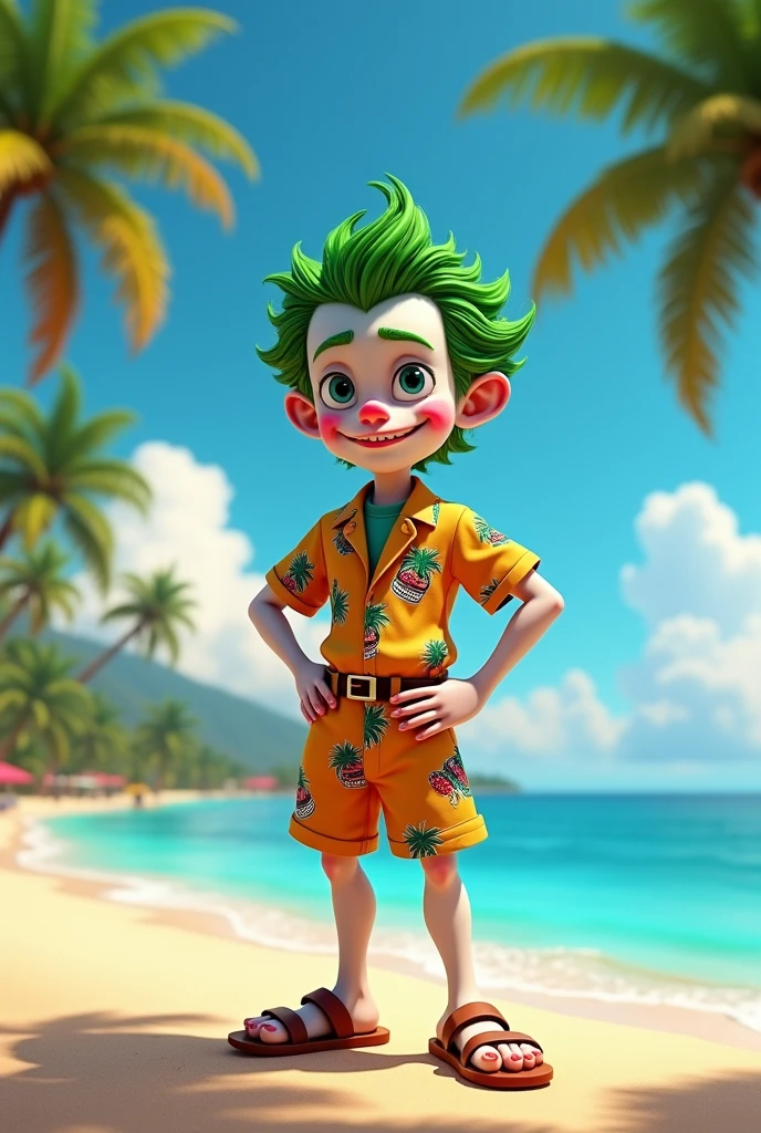 Joker in joker beaches costume, at a beach resort. disney pixar 3d