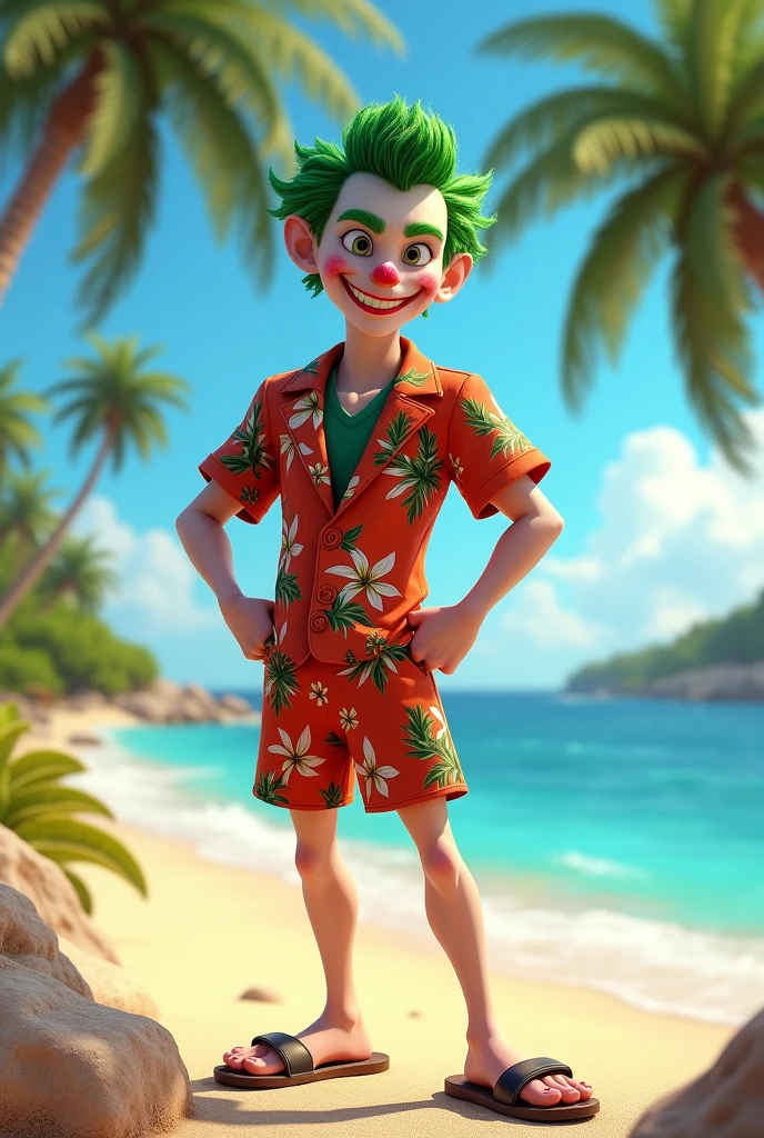 Joker in joker beaches costume, at a beach resort. disney pixar 3d