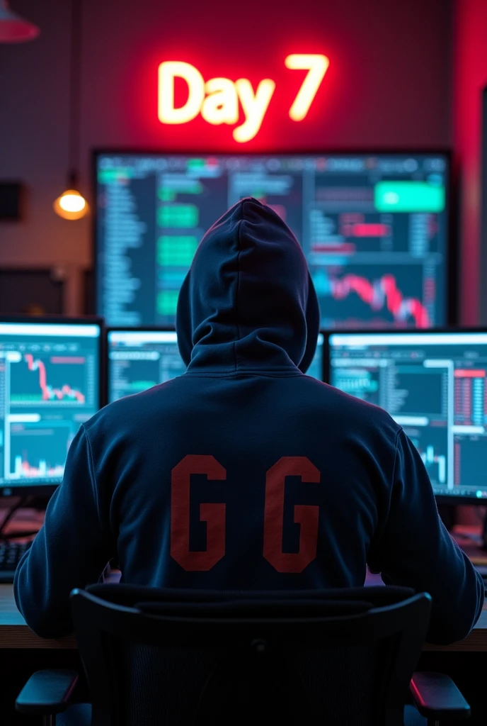 a man sitting in trading room on money and working on trading application on his pc the boy face not visible must hoodie and his name "G G" written on the hoodie. Pic from back side pc monitor visible. And "Day 7" written on the wall with red neon light.