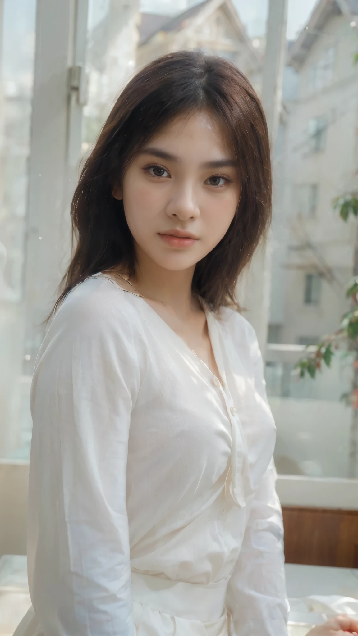 a high angle portrait of a thai girl in a white shirt, beautiful detailed eyes, beautiful detailed lips, extremely detailed face, long eyelashes, delicate facial features, serene expression, natural skin tone, bright lighting, soft focus, high resolution, photorealistic, 8k, (best quality,4k,8k,highres,masterpiece:1.2),ultra-detailed,(realistic,photorealistic,photo-realistic:1.37),elegant,graceful,intricate details,warm color tones,ethereal