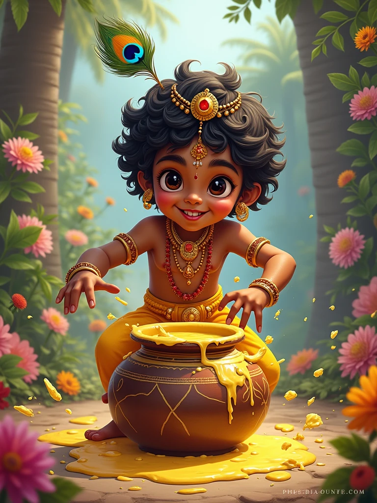 create krishna god,having makhan,enjoying in color,breaking matka