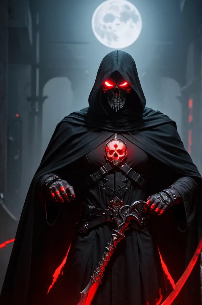 Kill them all
Reaper male
Skull face
Skull hands
Bloodly night
Dark magic
Bood red moon
Rugged black cloak
Big death scythe,
Darkness magic