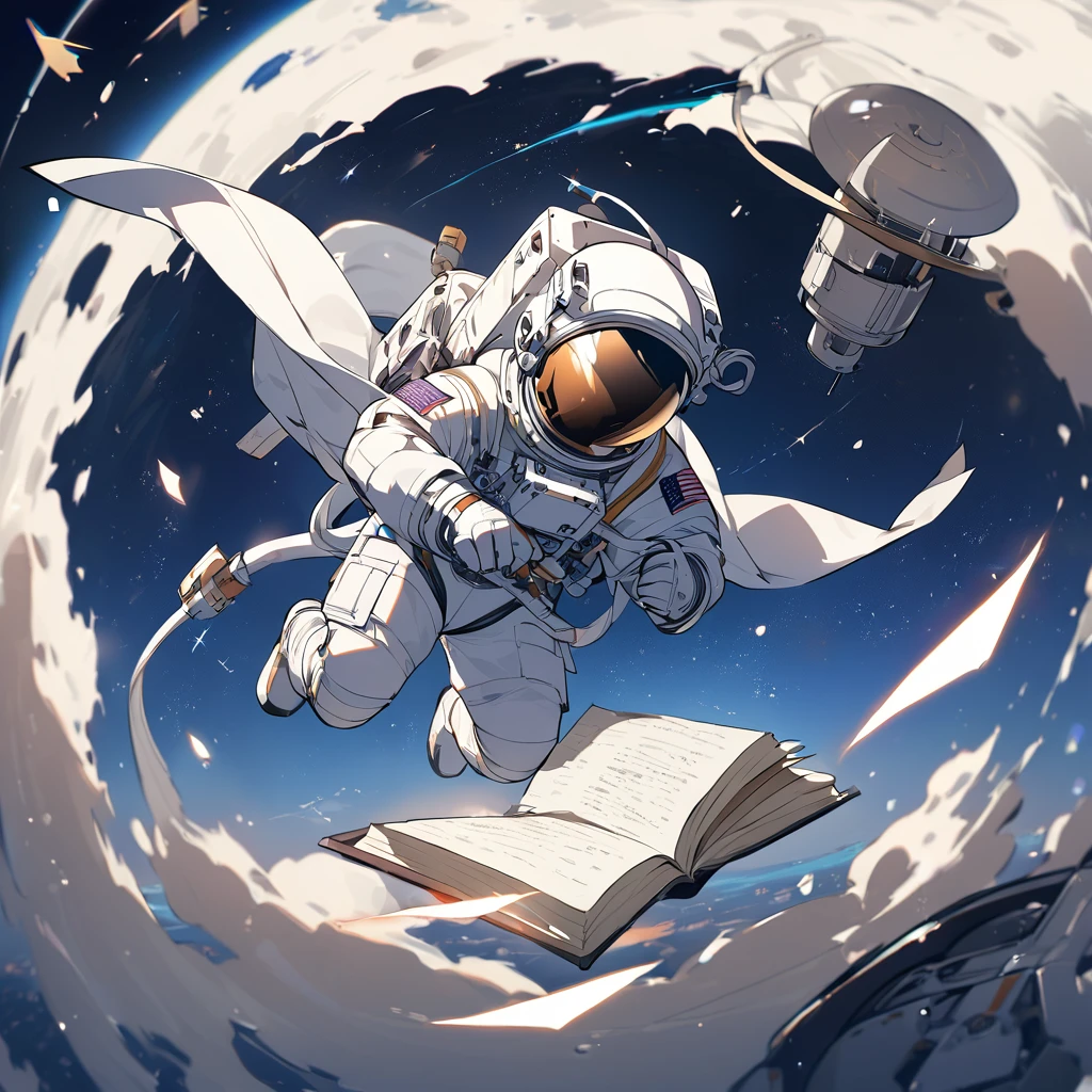 Astronaut flying in space writing in book flying