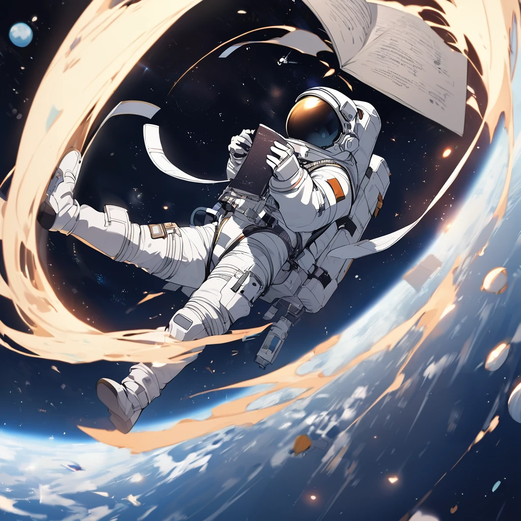 Astronaut flying in space writing in book flying